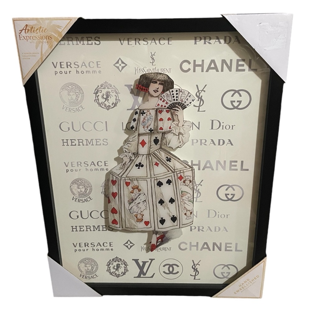 Unique Jester Themed Glass Frame Featuring Designer Logos, 16” x 20,” NWT